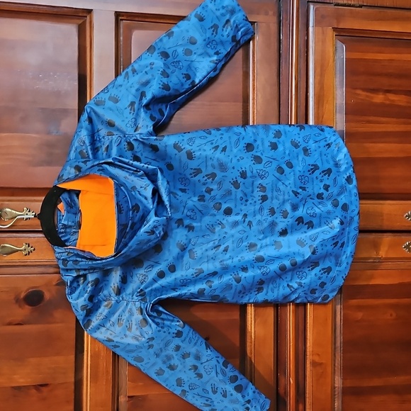 Blue Kids Rain Jacket with Orange Lining, Dinosaur Pattern, 4T - Picture 7 of 8